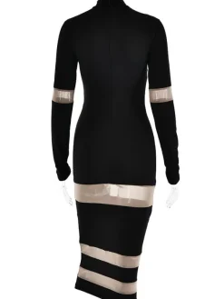 Mesh Patchwork Dress Long Sleeves See Through Party Bodycon Dresses