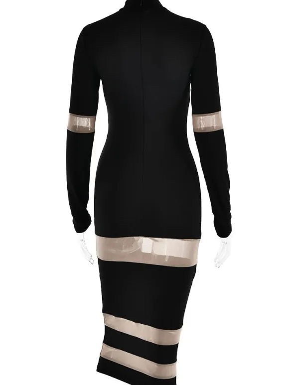 Mesh Patchwork Dress Long Sleeves See Through Party Bodycon Dresses