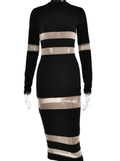 Mesh Patchwork Dress Long Sleeves See Through Party Bodycon Dresses