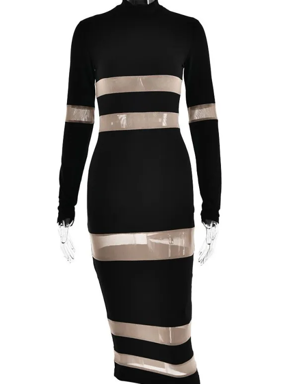 Mesh Patchwork Dress Long Sleeves See Through Party Bodycon Dresses