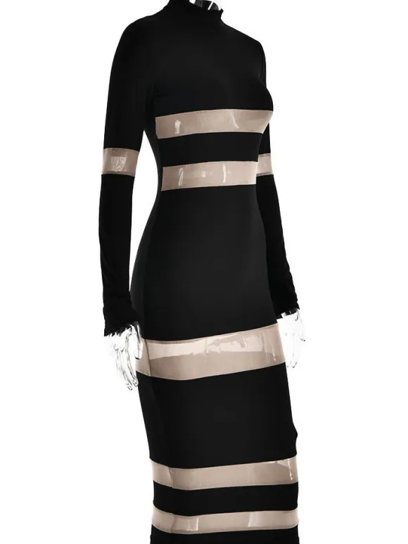 Mesh Patchwork Dress Long Sleeves See Through Party Bodycon Dresses