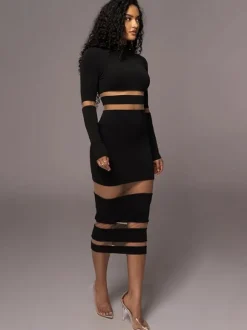 Mesh Patchwork Dress Long Sleeves See Through Party Bodycon Dresses