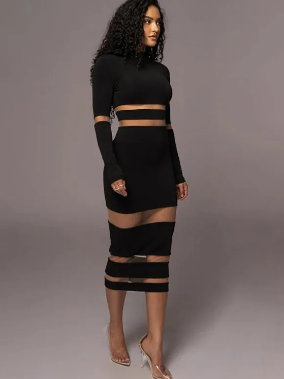 Mesh Patchwork Dress Long Sleeves See Through Party Bodycon Dresses