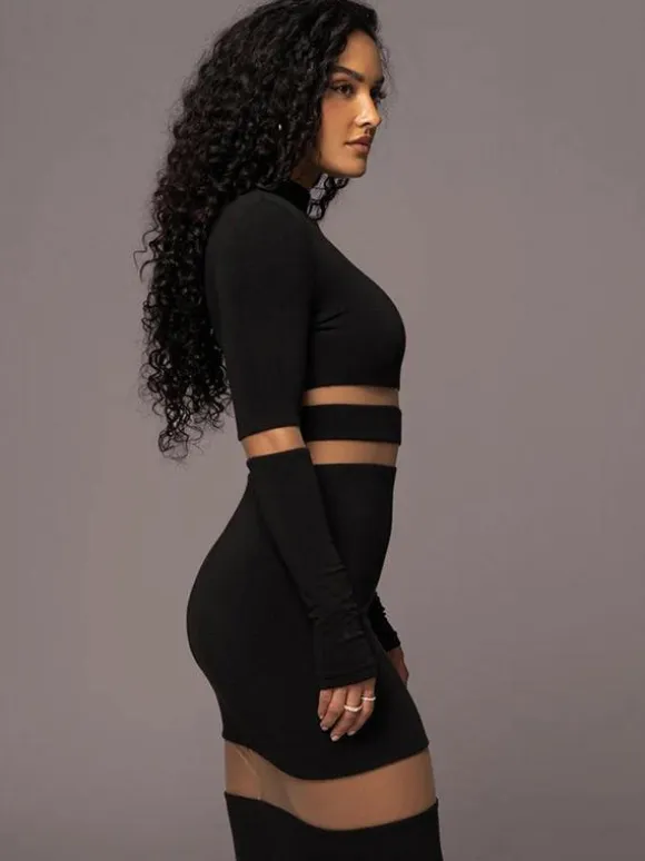 Mesh Patchwork Dress Long Sleeves See Through Party Bodycon Dresses