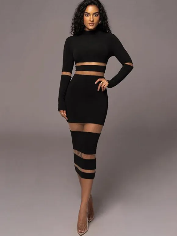 Mesh Patchwork Dress Long Sleeves See Through Party Bodycon Dresses