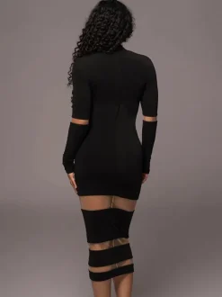 Mesh Patchwork Dress Long Sleeves See Through Party Bodycon Dresses