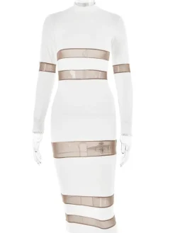 Mesh Patchwork Dress Long Sleeves See Through Party Bodycon Dresses