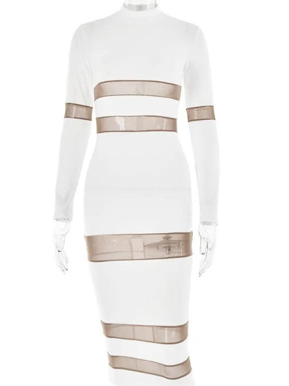 Mesh Patchwork Dress Long Sleeves See Through Party Bodycon Dresses