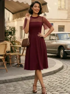 Mesh Patchwork Sheer Sleeve Round Neck Elegant Party Flare Dress For Women 2026
