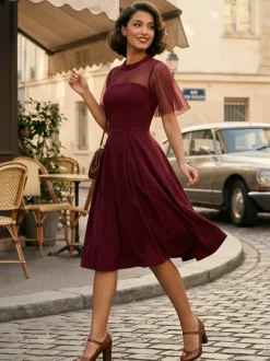 Mesh Patchwork Sheer Sleeve Round Neck Elegant Party Flare Dress For Women 2026