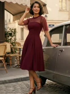 Mesh Patchwork Sheer Sleeve Round Neck Elegant Party Flare Dress For Women 2026