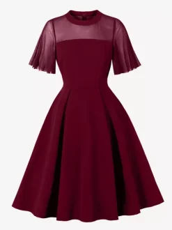 Mesh Patchwork Sheer Sleeve Round Neck Elegant Party Flare Dress For Women 2026