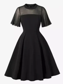 Mesh Patchwork Sheer Sleeve Round Neck Elegant Party Flare Dress For Women 2026