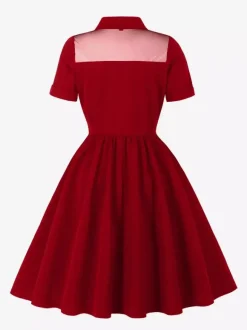 Mesh Patchwork Sweetheart Neck Single Breasted Pinup Rockabilly Dress For Women 2026