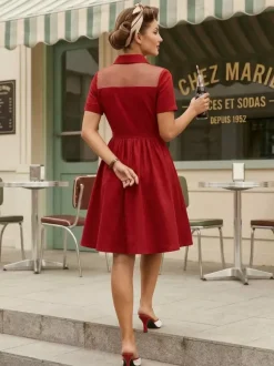 Mesh Patchwork Sweetheart Neck Single Breasted Pinup Rockabilly Dress For Women 2026