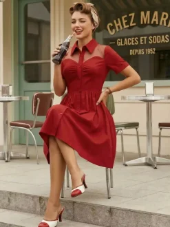 Mesh Patchwork Sweetheart Neck Single Breasted Pinup Rockabilly Dress For Women 2026