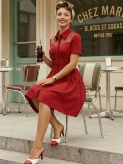 Mesh Patchwork Sweetheart Neck Single Breasted Pinup Rockabilly Dress For Women 2026