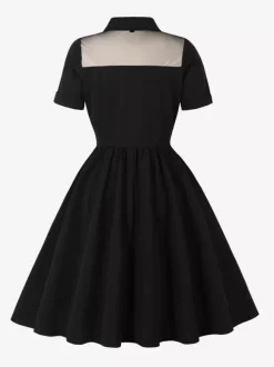 Mesh Patchwork Sweetheart Neck Single Breasted Pinup Rockabilly Dress For Women 2026