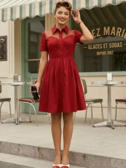 Mesh Patchwork Sweetheart Neck Single Breasted Pinup Rockabilly Dress For Women 2026