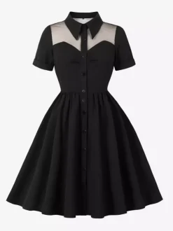 Mesh Patchwork Sweetheart Neck Single Breasted Pinup Rockabilly Dress For Women 2026