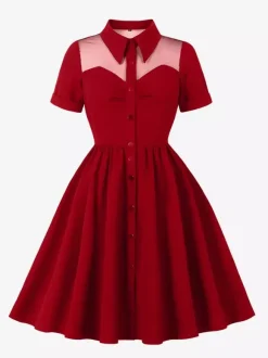 Mesh Patchwork Sweetheart Neck Single Breasted Pinup Rockabilly Dress For Women 2026