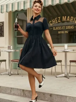 Mesh Patchwork Sweetheart Neck Single Breasted Pinup Rockabilly Dress For Women 2026