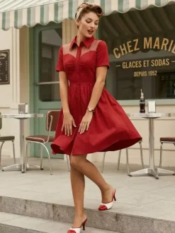 Mesh Patchwork Sweetheart Neck Single Breasted Pinup Rockabilly Dress For Women 2026