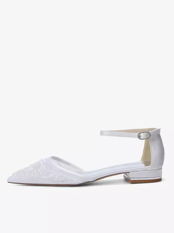 Mesh Wedding Guest Shoes Pointed Toe Beaded Flat Bridal Shoes
