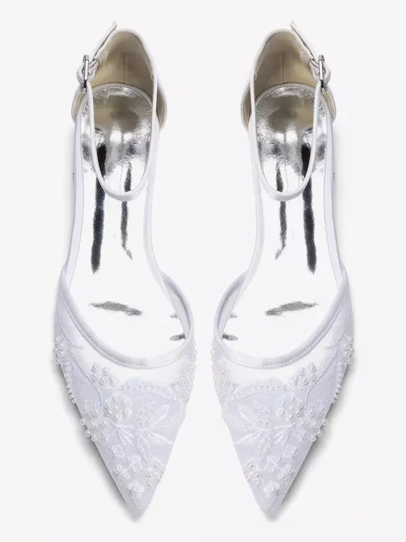 Mesh Wedding Guest Shoes Pointed Toe Beaded Flat Bridal Shoes