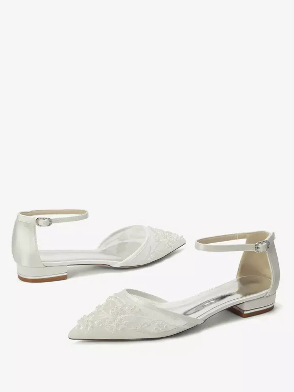 Mesh Wedding Guest Shoes Pointed Toe Beaded Flat Bridal Shoes