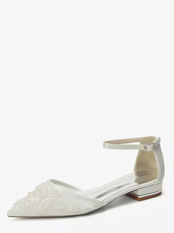 Mesh Wedding Guest Shoes Pointed Toe Beaded Flat Bridal Shoes