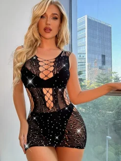 Mesh Chemise Dress Black Rhinestones Sexy Hot Lingerie