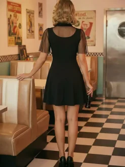 Mesh Patchwork Hollow Out Neckline A Line Skater Dress For Women 2026