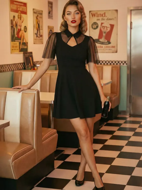 Mesh Patchwork Hollow Out Neckline A Line Skater Dress For Women 2026