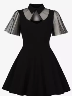Mesh Patchwork Hollow Out Neckline A Line Skater Dress For Women 2026
