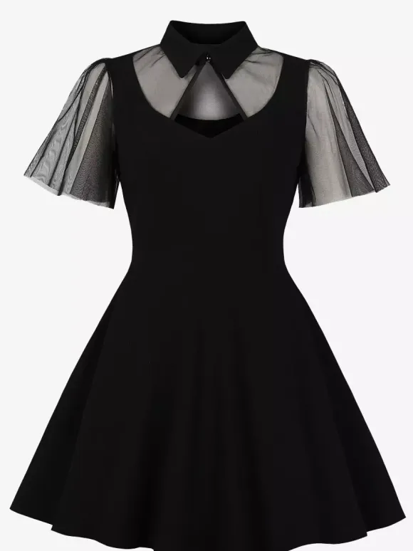 Mesh Patchwork Hollow Out Neckline A Line Skater Dress For Women 2026