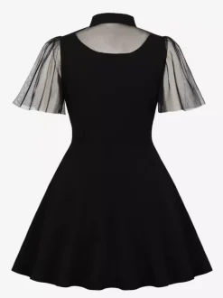 Mesh Patchwork Hollow Out Neckline A Line Skater Dress For Women 2026