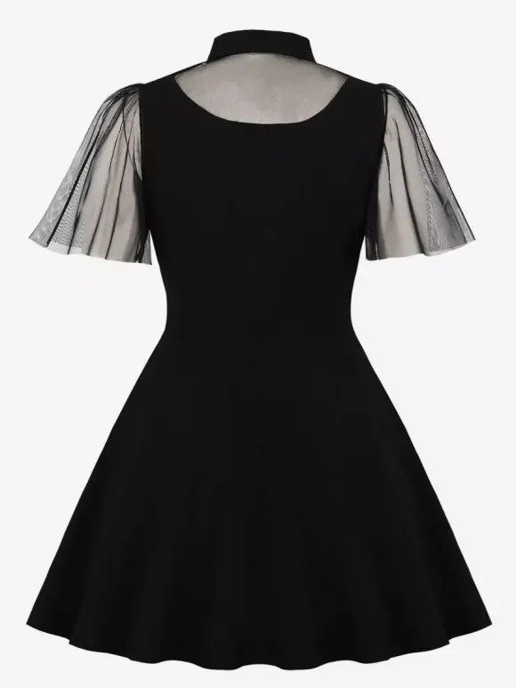 Mesh Patchwork Hollow Out Neckline A Line Skater Dress For Women 2026