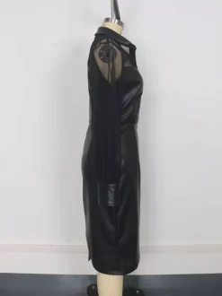 Mesh Patchwork V-Neck Faux Leather Slim Fit Puff Sleeve Midi Dress In Black For Women 2026