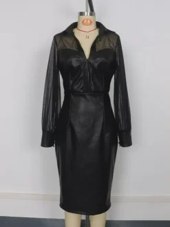 Mesh Patchwork V-Neck Faux Leather Slim Fit Puff Sleeve Midi Dress In Black For Women 2026