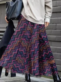 Mesh Skirt With Wavy Stripes Flowing Long Skirt For Women 2026