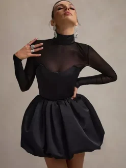 Mesh Sleeve Mini Dress For Women - Black Elegant Mock Neck Puff Skater - Spring Evening Cocktail 2026