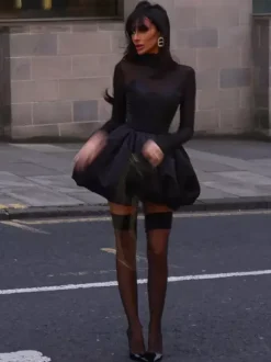 Mesh Sleeve Mini Dress For Women - Black Elegant Mock Neck Puff Skater - Spring Evening Cocktail 2026