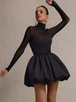 Mesh Sleeve Mini Dress For Women - Black Elegant Mock Neck Puff Skater - Spring Evening Cocktail 2026