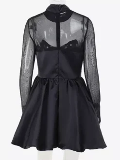 Mesh Sleeve Mini Dress For Women - Black Elegant Mock Neck Puff Skater - Spring Evening Cocktail 2026