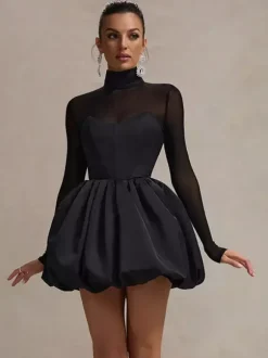 Mesh Sleeve Mini Dress For Women - Black Elegant Mock Neck Puff Skater - Spring Evening Cocktail 2026