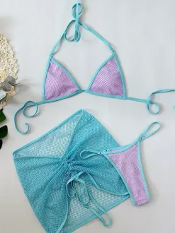 Mesh Swimsuit Set Contrast Color Bikini And Mini Skirt Cover-up For Beach 2026