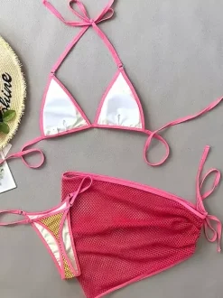Mesh Swimsuit Set Contrast Color Bikini And Mini Skirt Cover-up For Beach 2026
