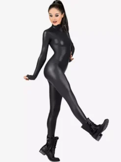 Metallic Black Catsuit Shiny Carnival Jumpsuit For Women