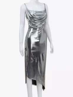 Metallic Cowl Neck Slip Dress For Women - Silver Sexy Cut Out Back Asymmetrical Midi Slit Dress - Summer Night Club Party 2026